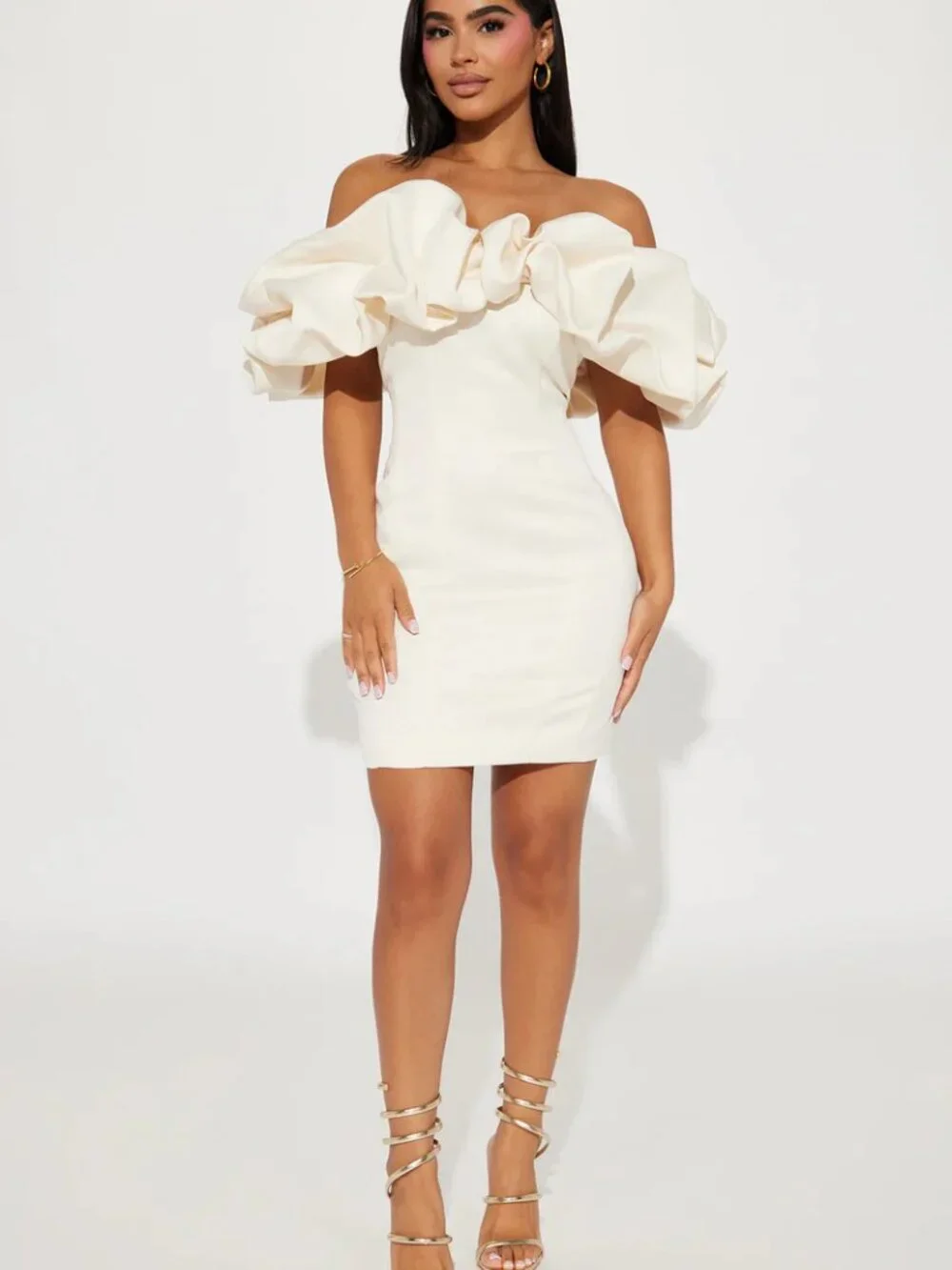 NWT Fashion Nova Parisian Nights Mini Dress Cream Off Shoulder - Picture 3 of 7